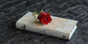 Book of poems with a red rose