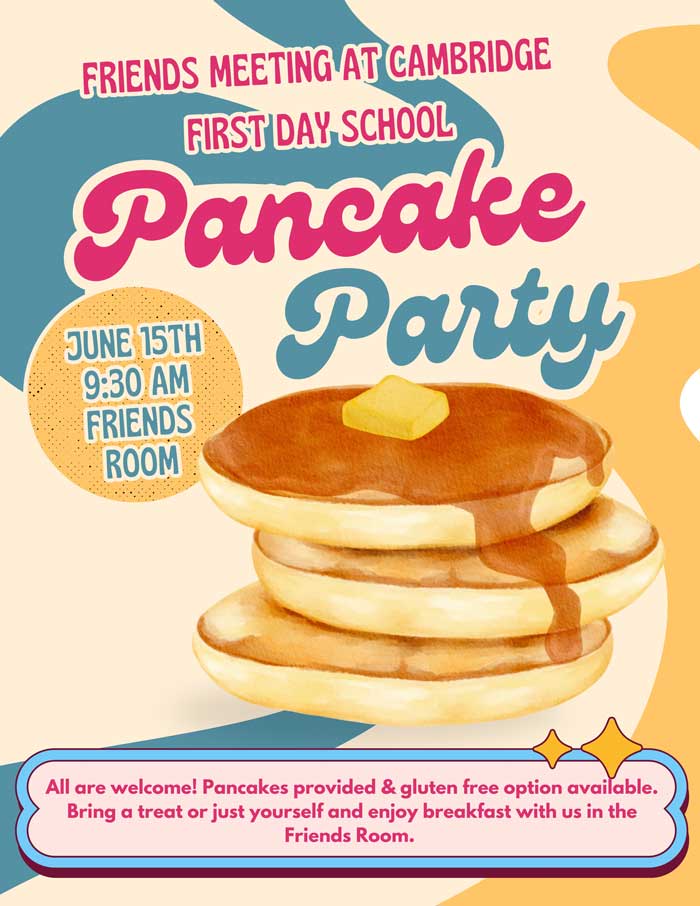 Flyer saying "Pancake Party" over a stack of pancakes