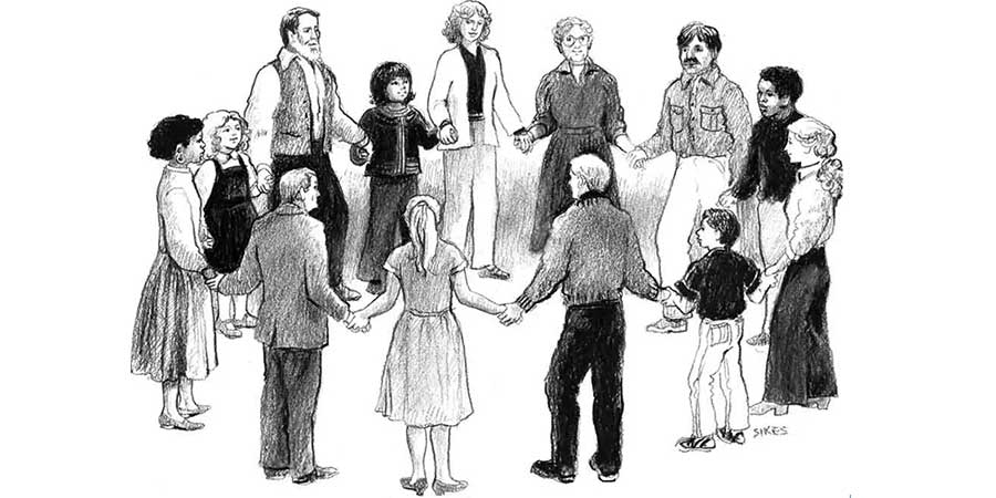 A line drawing of a circle of people holding hands