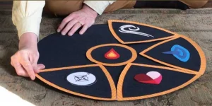 Two hands placing pieces of a circle on the floor as part of a Quaker Faith and Play story