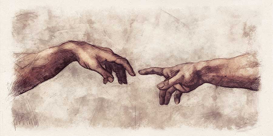 Two index fingers of hands touching. Image like God and Adam Sistine Chapel
