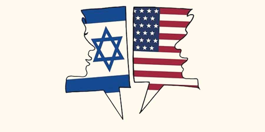 Image of Israeli flag and US flag with silhouettes of people speaking like a speech bubble in a cartoon